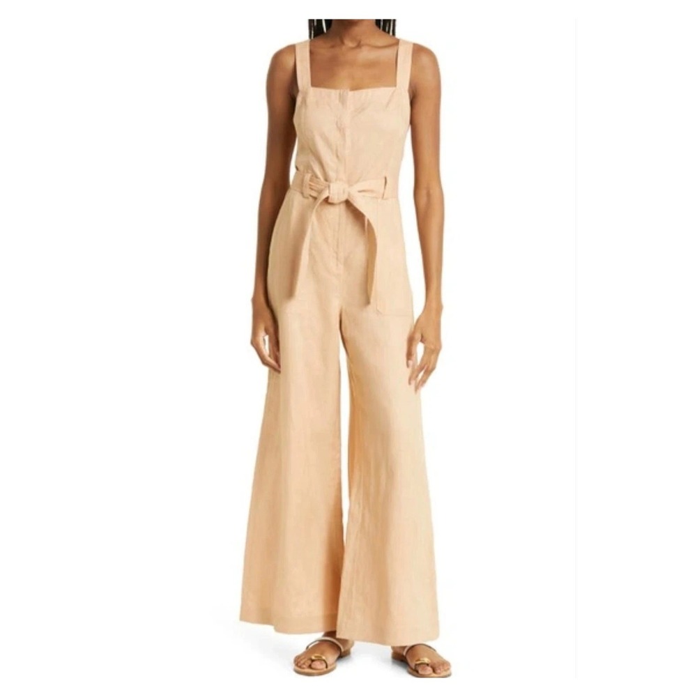 A.L.C. Linen Jumpsuit Womens 4 Tan Wide Leg Belted Square Neck NWT